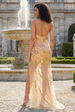 Sparkly Gold Mermaid Spaghetti Straps Long Sequin Prom Dress with Slit