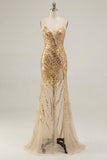 Sparkly Gold Mermaid Spaghetti Straps Long Sequin Prom Dress with Slit