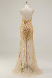 Sparkly Gold Mermaid Spaghetti Straps Long Sequin Prom Dress with Slit