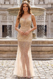 Gold Sheer Mermaid V-Neck Beaded Long Prom Dress