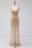Gold Sheer Mermaid V-Neck Beaded Long Prom Dress