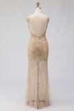 Gold Sheer Mermaid V-Neck Beaded Long Prom Dress