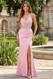 Pink 3D Flowers Mermaid Sheer Corset Prom Dress with Slit