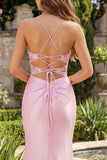 Pink 3D Flowers Mermaid Sheer Corset Prom Dress with Slit