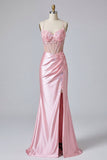 Pink 3D Flowers Mermaid Sheer Corset Prom Dress with Slit