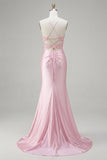 Pink 3D Flowers Mermaid Sheer Corset Prom Dress with Slit