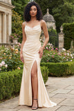 Champagne Mermaid Beaded Corset Long Prom Dress with Slit