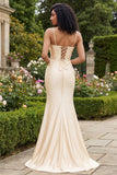 Champagne Mermaid Beaded Corset Long Prom Dress with Slit