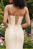 Champagne Mermaid Beaded Corset Long Prom Dress with Slit