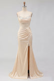 Champagne Mermaid Beaded Corset Long Prom Dress with Slit