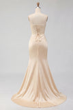 Champagne Mermaid Beaded Corset Long Prom Dress with Slit