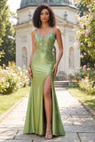 Green Mermaid Satin Lace Up Back Long Prom Dress with Slit