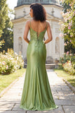 Green Mermaid Satin Lace Up Back Long Prom Dress with Slit