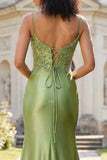 Green Mermaid Satin Lace Up Back Long Prom Dress with Slit