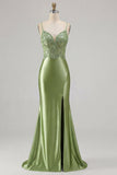 Green Mermaid Satin Lace Up Back Long Prom Dress with Slit