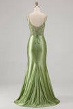 Green Mermaid Satin Lace Up Back Long Prom Dress with Slit