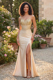 Sweetheart Champagne Beaded Corset Mermaid Long Prom Dress with Slit