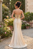 Sweetheart Champagne Beaded Corset Mermaid Long Prom Dress with Slit
