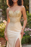 Sweetheart Champagne Beaded Corset Mermaid Long Prom Dress with Slit