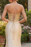 Sweetheart Champagne Beaded Corset Mermaid Long Prom Dress with Slit