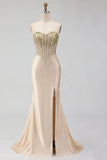 Sweetheart Champagne Beaded Corset Mermaid Long Prom Dress with Slit