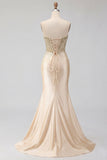 Sweetheart Champagne Beaded Corset Mermaid Long Prom Dress with Slit