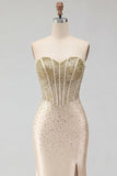 Sweetheart Champagne Beaded Corset Mermaid Long Prom Dress with Slit