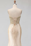 Sweetheart Champagne Beaded Corset Mermaid Long Prom Dress with Slit