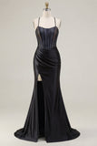Black Corset Beaded Mermaid Long Prom Dress with Slit