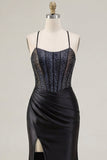 Black Corset Beaded Mermaid Long Prom Dress with Slit