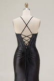 Black Corset Beaded Mermaid Long Prom Dress with Slit