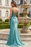 Blue Mermaid Corset Ruched Satin Long Prom Dress with Slit