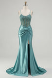 Blue Mermaid Corset Ruched Satin Long Prom Dress with Slit