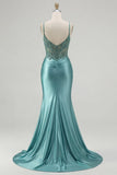 Blue Mermaid Corset Ruched Satin Long Prom Dress with Slit