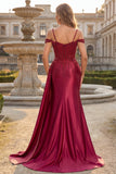Burgundy Cold Shoulder Mermaid Sequin Long Prom Dress with Slit