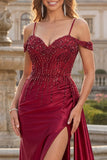 Burgundy Cold Shoulder Mermaid Sequin Long Prom Dress with Slit