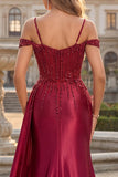 Burgundy Cold Shoulder Mermaid Sequin Long Prom Dress with Slit