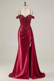 Burgundy Cold Shoulder Mermaid Sequin Long Prom Dress with Slit