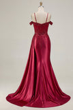 Burgundy Cold Shoulder Mermaid Sequin Long Prom Dress with Slit