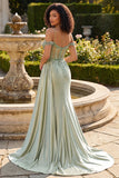 Light Green Mermaid Sequin Corset Cold Shoulder Long Prom Dress with Slit