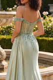 Light Green Mermaid Sequin Corset Cold Shoulder Long Prom Dress with Slit