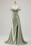 Light Green Mermaid Sequin Corset Cold Shoulder Long Prom Dress with Slit