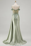 Light Green Mermaid Sequin Corset Cold Shoulder Long Prom Dress with Slit