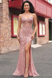 Sparkly Blush Mermaid Corset Sequin Long Prom Dress with Slit