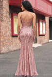 Sparkly Blush Mermaid Corset Sequin Long Prom Dress with Slit