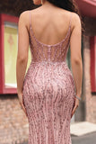 Sparkly Blush Mermaid Corset Sequin Long Prom Dress with Slit