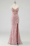 Sparkly Blush Mermaid Corset Sequin Long Prom Dress with Slit