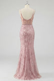Sparkly Blush Mermaid Corset Sequin Long Prom Dress with Slit