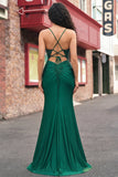 Dark Green Mermaid Lace Up Back Long Prom Dress with Slit