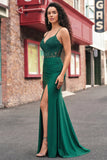 Dark Green Mermaid Lace Up Back Long Prom Dress with Slit